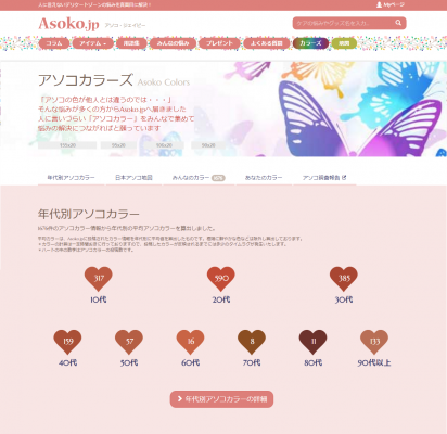 アソコに衝撃・・・年代別のアソコの平均色が判明！Asoko.jp、約1,700人のユーザーが投稿したアソコの色を年代別にリアルタイムに可視化できるサービス「年代別アソコカラー」を開始。