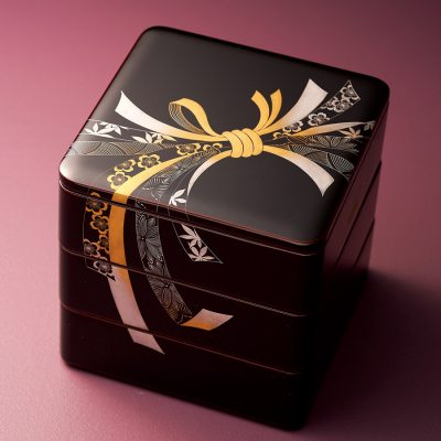 は*る様 未使用 重箱 天然木 沈金 溜塗り 京都漆器 三段重 6.5寸｜沈金のし模様×漆塗り 木製重箱｜お正月