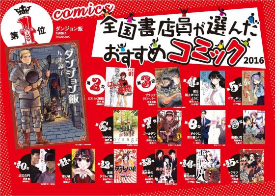第1位は『ダンジョン飯』（九井諒子／KADOKAWA）「全国書店員が選んだおすすめコミック2016」発表　「第2回　次にくるマンガ大賞」との合同フェアを開催！