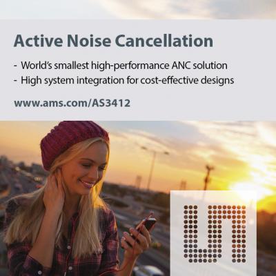 amsのコンパクトかつコスト効率の高いAS3412、 マスマーケットでのアクティブノイズキャンセレーションの訴求を拡大