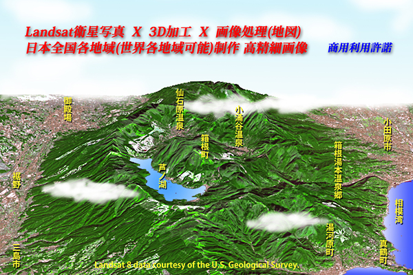 衛星写真から３D景観図（鳥瞰図）制作例：箱根山