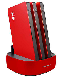 8,000mAhモバイルバッテリー3台＆専用充電ドックのセット「JUSTロゴ入3連モバイルバッテリー PowerStation RED」-ミスターカード株式会社