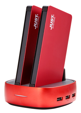 8,000mAhモバイルバッテリー2台＆専用充電ドックのセット「JUSTロゴ入 2連モバイルバッテリー PowerStation RED」- ミスターカード株式会社