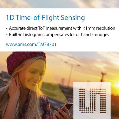 【amsプレスリリース】高性能センサソリューションのams、スマートフォンの近接センシングと距離測定に向けた世界最小の1D飛行時間センサを発表