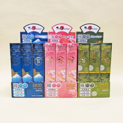 ジャパンプレミアムはみがきシリーズ新発売!!　 『桜』、『茶』、『藍』と日本古来からの良質な原料を使用し、日本の四季の織り成す彩（いろどり）を再現した医薬部外品歯みがきが登場いたしました。